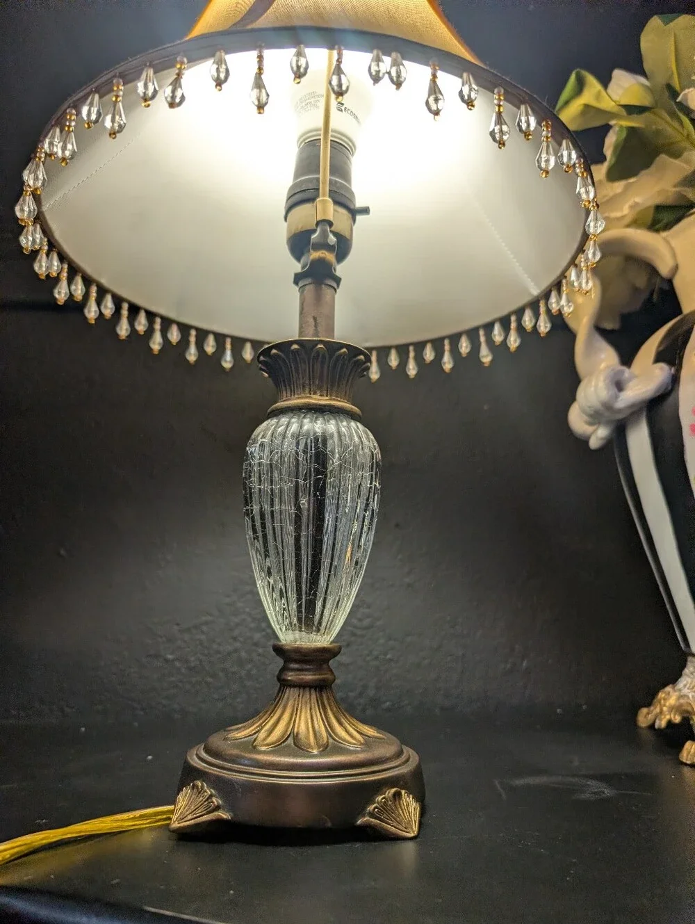 Vintage Small Hollywood Regency Ribbed Glass, Gold/Bronze Tone Accent Lamp